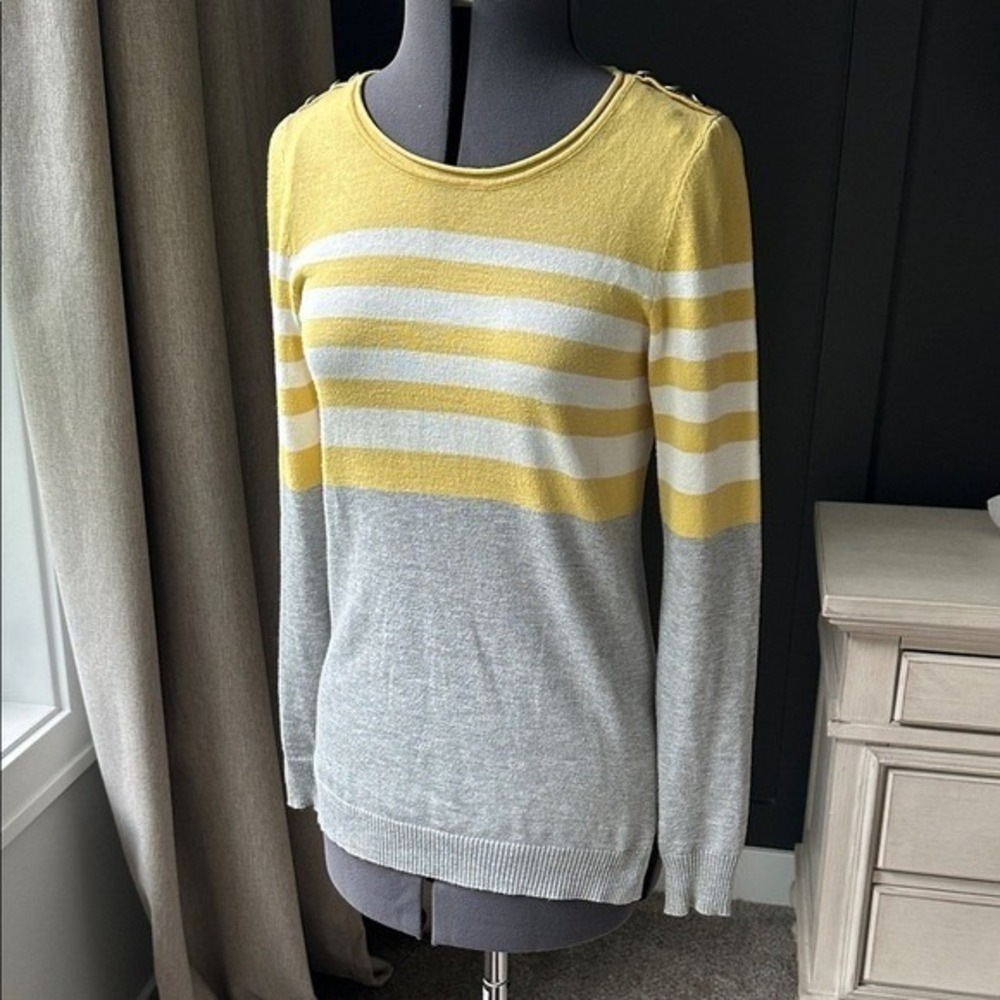 Yellow Striped Colorblock Shoulder Button Sweater XS Preppy‎ Sporty Nautical